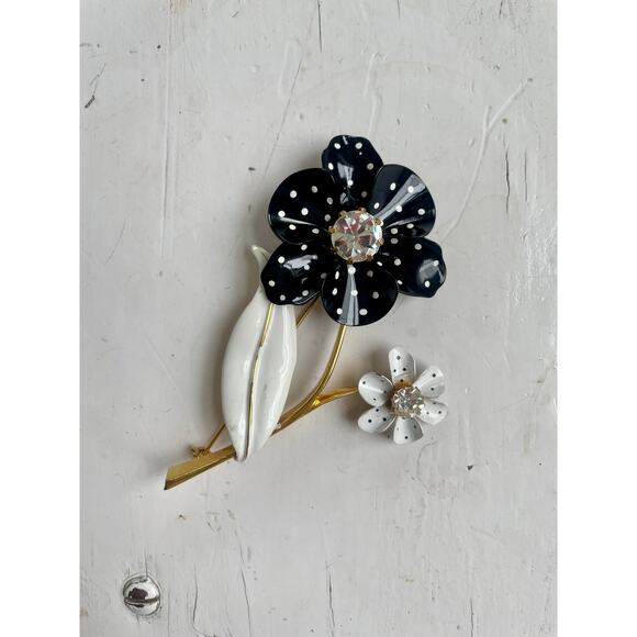 Vintage Giant Avon Black and White Polka-Dot Signed Flower Brooch Pin 70s 80s - Picture 5 of 6
